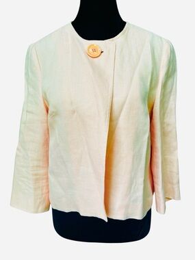 Talbots Irish Linen Cropped Blazer Pink Petite 8 Statement Button Mod Jacket